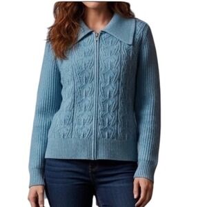 Talbots Blue Haze Tweed Pointelle Knit Sweater Jacket Cardigan 2X‎ Plus Zip